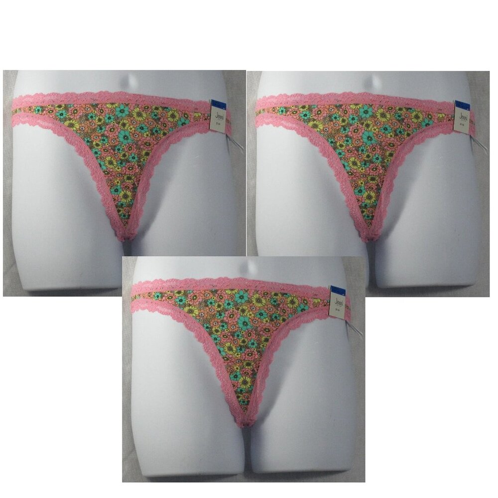 Jenni Women's 3-Pack Lace-Trim Cotton Thong Panty, Multicolor Floral, XL